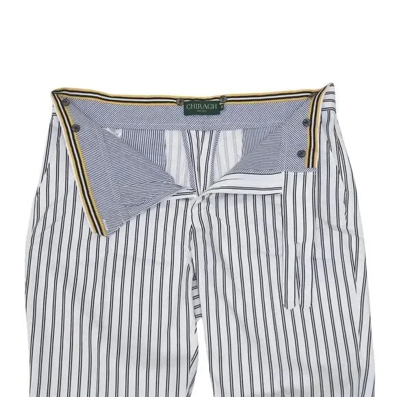 Mens Gurkha Pants 38 White Black Striped Cotton Straight Fit Flat Front Trousers